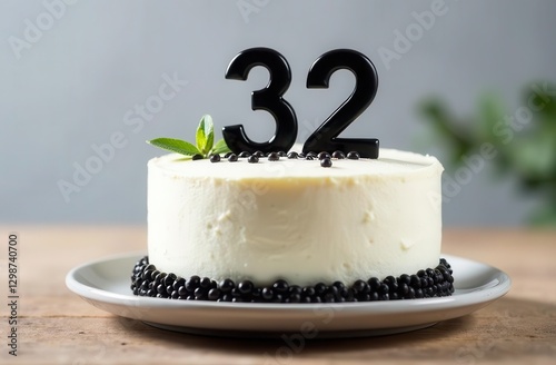 Black-and-white birthday cake with number 32 on gray background