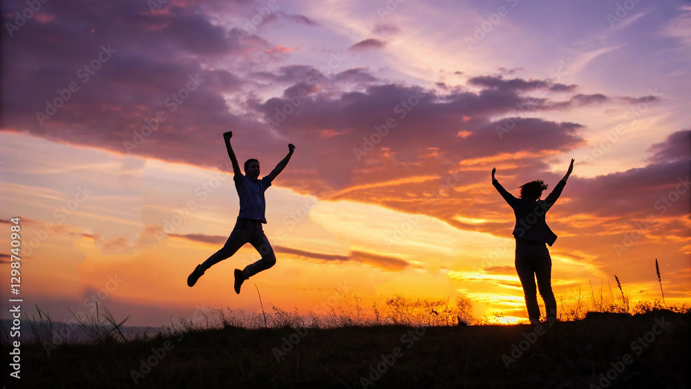 silhouette of a man, woman jumping in the sunset silhouette of a man, woman jumping in the sunset