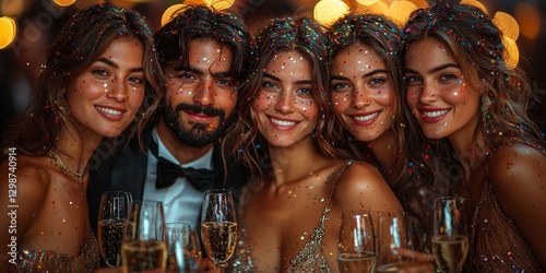 New Year's Eve Countdown: Friends in Formal Attire with Champagne and Confetti
