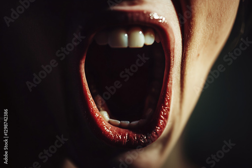 Woman's mouth close up detail roaring and screaming during an escalation argument in heat of aggression. Dark black background.