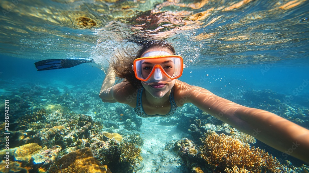 Fototapeta premium Professional Underwater Snorkeling Portrait of Young Woman for Advertising and Marketing Campaigns