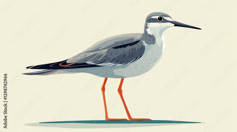 Obraz premium Illustration of a Grey and White Shorebird with Long Red Legs Standing Gracefully on a Flat Surface Against a Minimalist Light Background