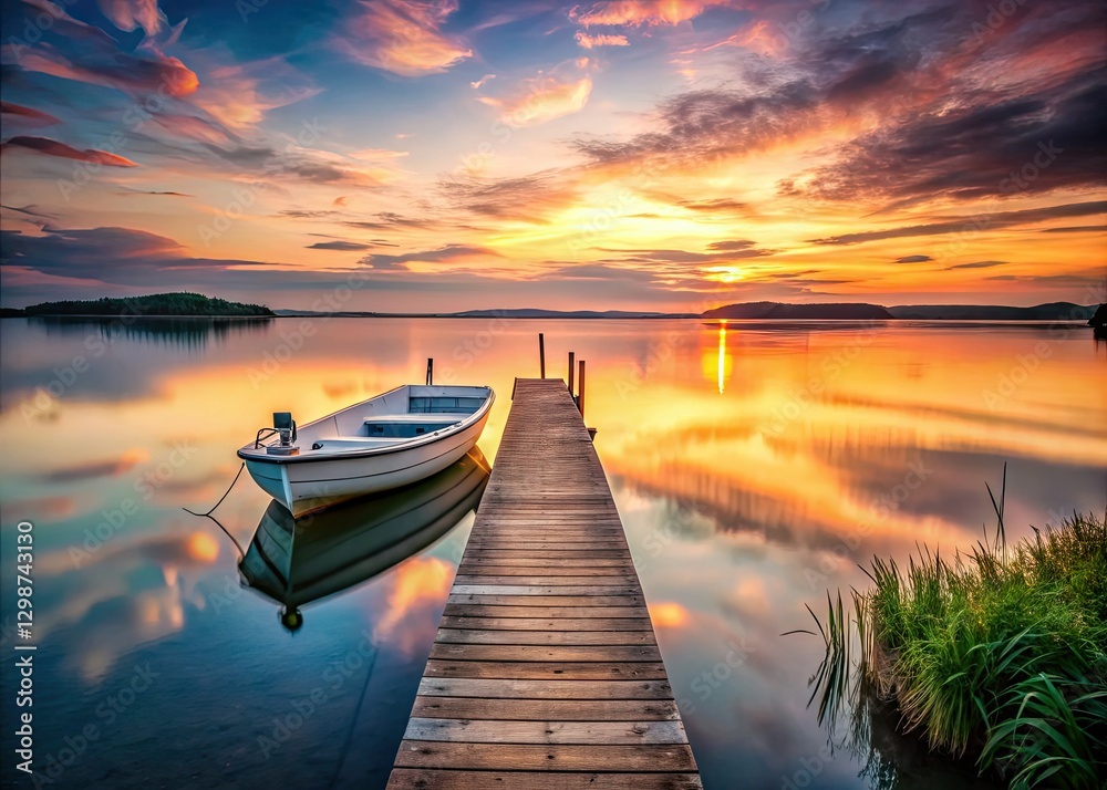 AI imagery: Serene dusk paints a calming scene at a quiet boat dock, evoking travel peace. AI imagery: Serene dusk paints a calming scene at a quiet boat dock, evoking travel peace.