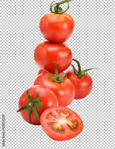 Tomatoes, Fresh Red Tomatoes with Water Droplets and Green Stems on transparent background, png, psd
