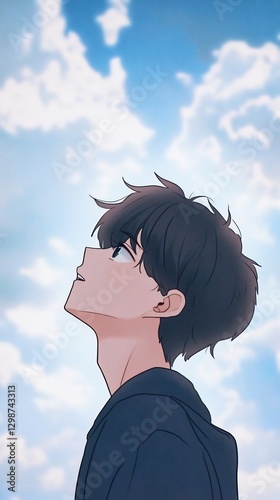 anime boy sky blue clouds dreamy