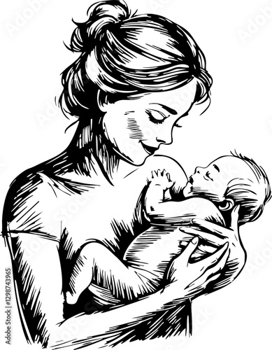 Mother embracing newborn baby home illustration intimate close-up affection