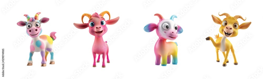 Naklejka premium Colorful cartoon goats with unique patterns display various lively expressions and bright horns