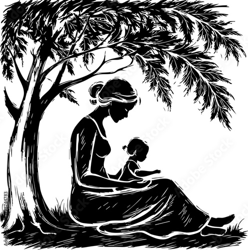 Mother and child bonding under a tree nature scene silhouette artwork peaceful environment heartwarming concept