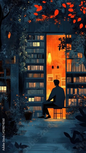 Silhouette of a person seated in a chair against the warm glow of an illuminated room filled with books, framed by a dark, leafy garden setting.