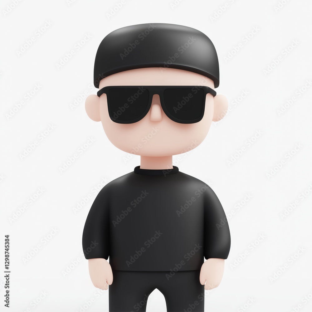 Cartoon character with sunglasses and a hat wearing a outfit set against a plain 3D rendering minimalistic Cartoon character with sunglasses and a hat wearing a outfit set against a plain 3D rendering minimalistic