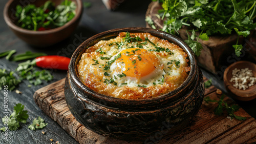 Golden pad kra pao with crispy egg served in rustic bowl, garnished with herbs and spices, evokes warm, inviting atmosphere