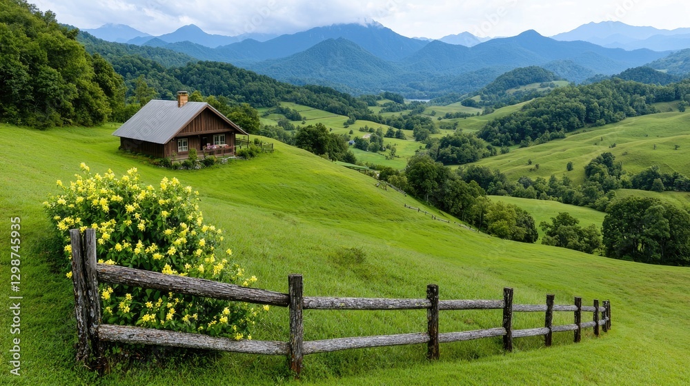 Rustic cabin nestled in green valley, mountain backdrop. Scenic countryside view. Possible use Travel brochure, nature calendar Rustic cabin nestled in green valley, mountain backdrop. Scenic countryside view. Possible use Travel brochure, nature calendar