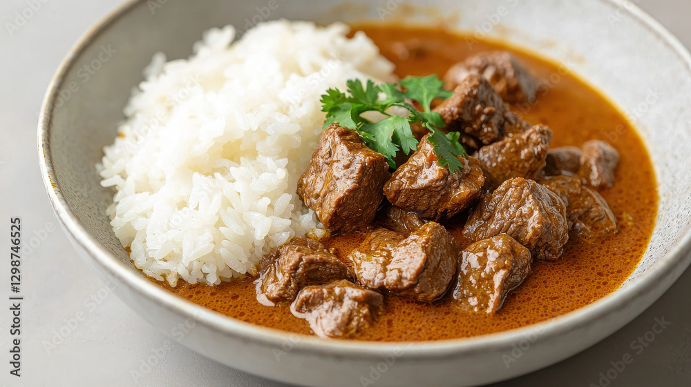 Delicious Thai beef curry served with fluffy white rice in elegant bowl Delicious Thai beef curry served with fluffy white rice in elegant bowl