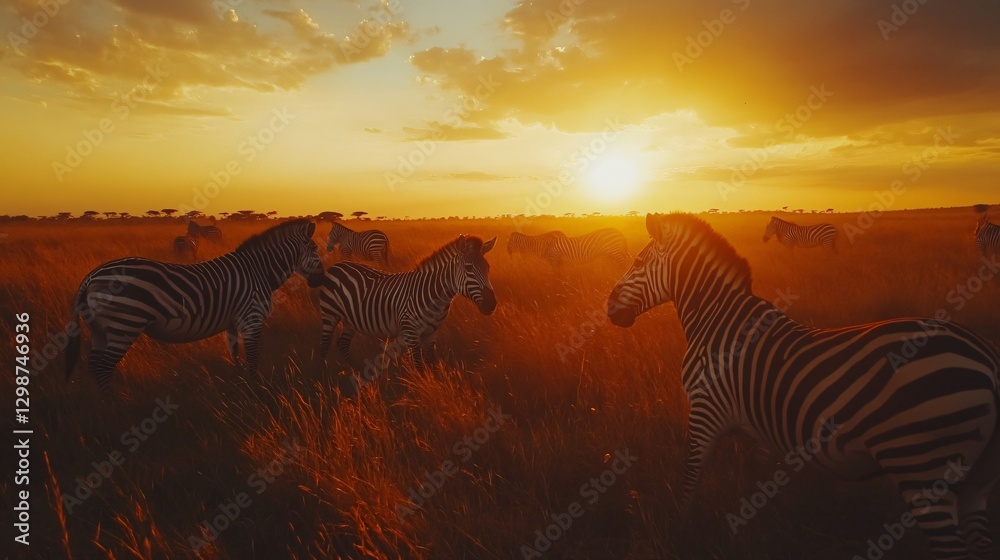 Obraz premium Majestic Zebras at Serengeti National Park Sunset - Wildlife Photography for Adobe Stock