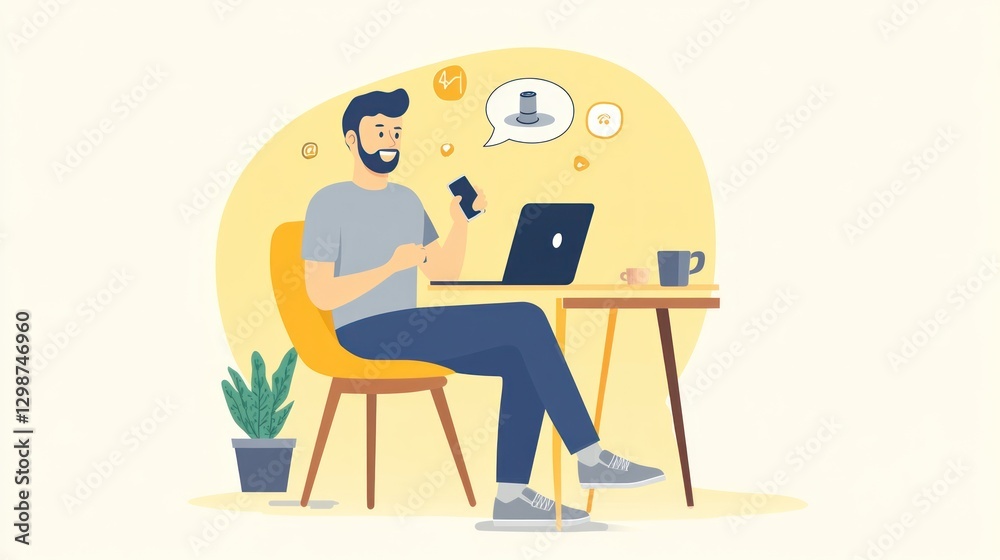 Man working at desk, using phone and laptop Man working at desk, using phone and laptop
