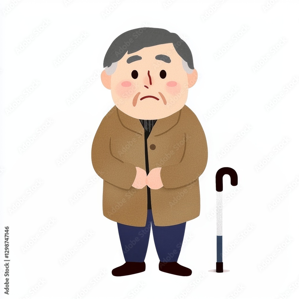 A cartoon illustration of an elderly man in a brown coat, looking sad and holding a cane. A cartoon illustration of an elderly man in a brown coat, looking sad and holding a cane.
