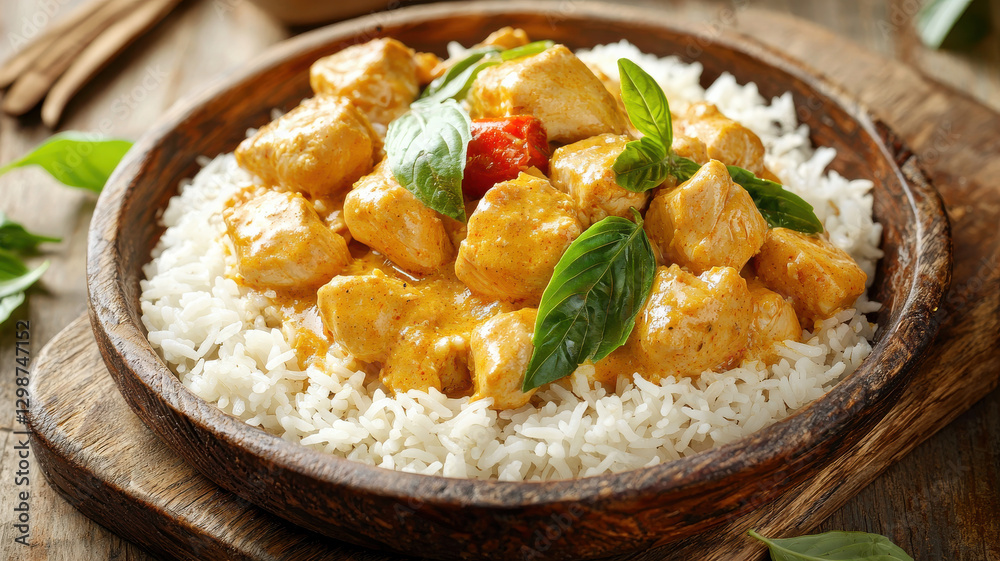 Delicious golden chicken curry served with rice and fresh basil leaves Delicious golden chicken curry served with rice and fresh basil leaves