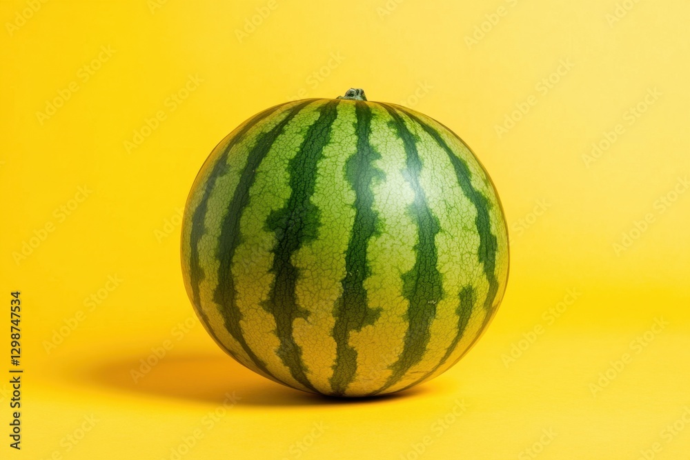 A whole ripe green watermelon isolated on a bright yellow backdrop A whole ripe green watermelon isolated on a bright yellow backdrop