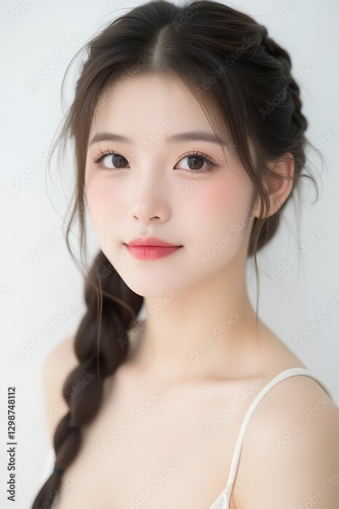 Female Asian Model with Braided Hair - Young Beautiful Woman with a Braid - Studio Portrait of Asian Beauty for Fashion, Cosmetic, Skincare - Posing on White Background - Smooth Tied Hair Female Asian Model with Braided Hair - Young Beautiful Woman with a Braid - Studio Portrait of Asian Beauty for Fashion, Cosmetic, Skincare - Posing on White Background - Smooth Tied Hair