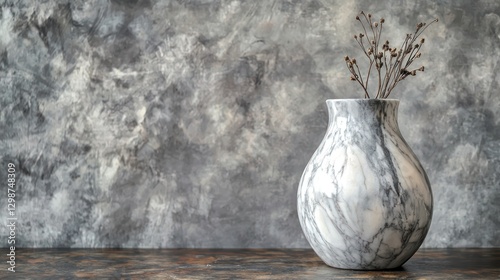 A sculptural marble vase with white and gray veining, sitting on a polished wooden table