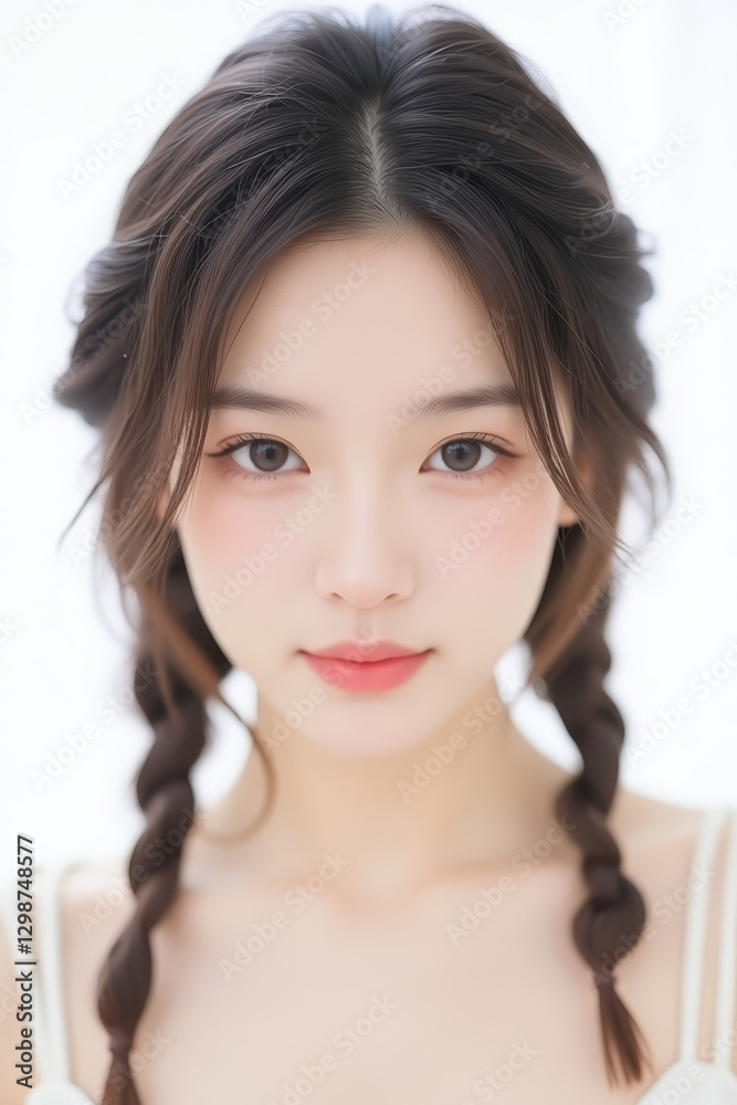 Female Asian Model with Braided Hair - Young Beautiful Woman with a Braid - Studio Portrait of Asian Beauty for Fashion, Cosmetic, Skincare - Posing on White Background - Smooth Tied Hair Female Asian Model with Braided Hair - Young Beautiful Woman with a Braid - Studio Portrait of Asian Beauty for Fashion, Cosmetic, Skincare - Posing on White Background - Smooth Tied Hair