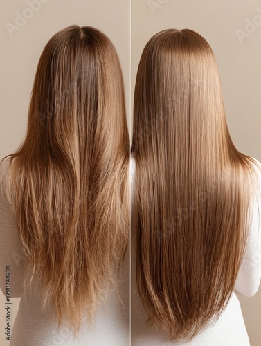 A professional before-and-after comparison of a woman's long hair, split into two distinct halves. 