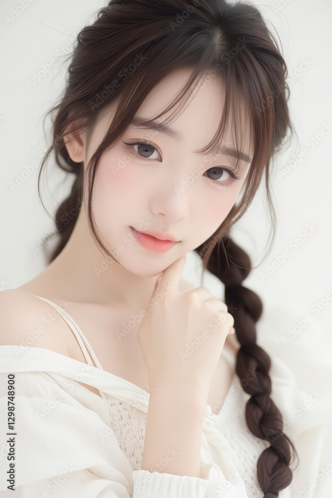 Female Asian Model with Braided Hair - Young Beautiful Woman with a Braid - Studio Portrait of Asian Beauty for Fashion, Cosmetic, Skincare - Posing on White Background - Smooth Tied Hair Female Asian Model with Braided Hair - Young Beautiful Woman with a Braid - Studio Portrait of Asian Beauty for Fashion, Cosmetic, Skincare - Posing on White Background - Smooth Tied Hair