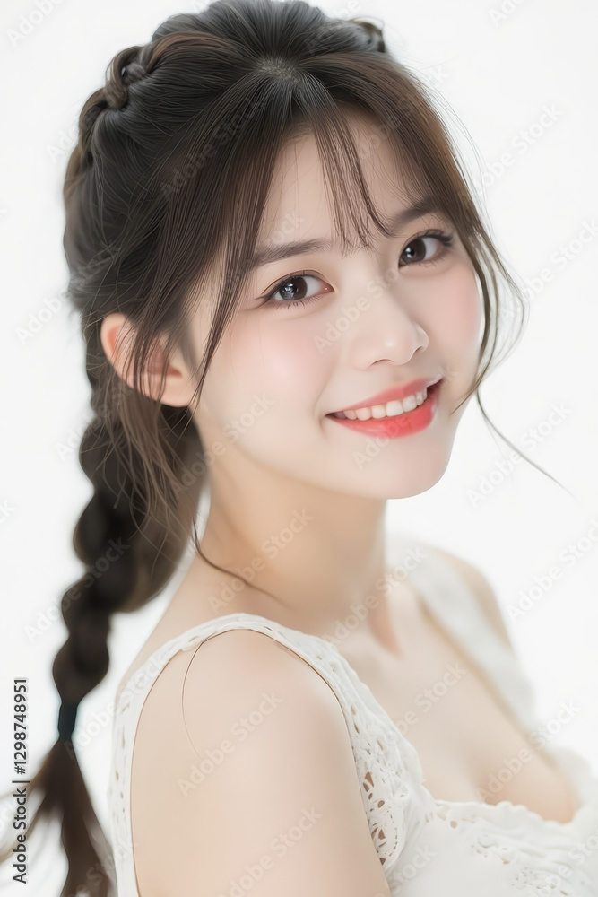 Female Asian Model with Braided Hair - Young Beautiful Woman with a Braid - Studio Portrait of Asian Beauty for Fashion, Cosmetic, Skincare - Posing on White Background - Smooth Tied Hair Female Asian Model with Braided Hair - Young Beautiful Woman with a Braid - Studio Portrait of Asian Beauty for Fashion, Cosmetic, Skincare - Posing on White Background - Smooth Tied Hair