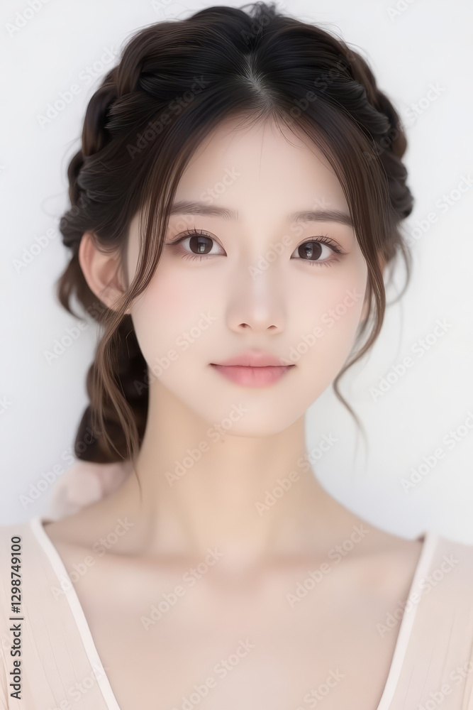 Female Asian Model with Braided Hair - Young Beautiful Woman with a Braid - Studio Portrait of Asian Beauty for Fashion, Cosmetic, Skincare - Posing on White Background - Smooth Tied Hair Female Asian Model with Braided Hair - Young Beautiful Woman with a Braid - Studio Portrait of Asian Beauty for Fashion, Cosmetic, Skincare - Posing on White Background - Smooth Tied Hair