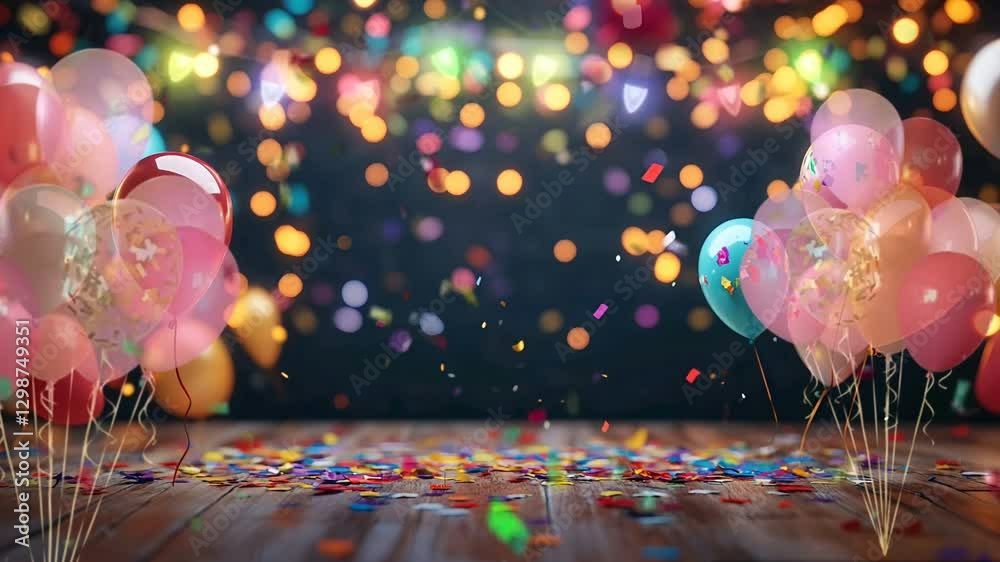 Geburtstags- oder Jubiläumsparty-Dekoration mit Ballon und Konfetti, 4K-Looping-Animationshintergrund