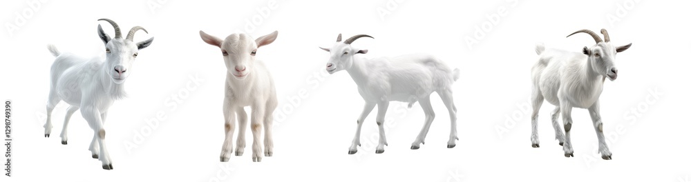 Four white goats standing calmly with curved horns in a simple natural setting Four white goats standing calmly with curved horns in a simple natural setting