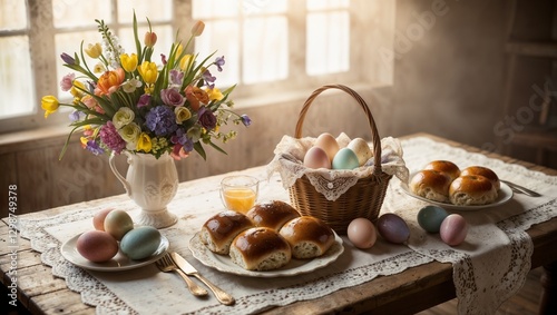 Wallpaper Mural Easter brunch with colorful eggs, sweet buns, and fresh flowers on a rustic wooden table, warm atmosphere, natural light Torontodigital.ca