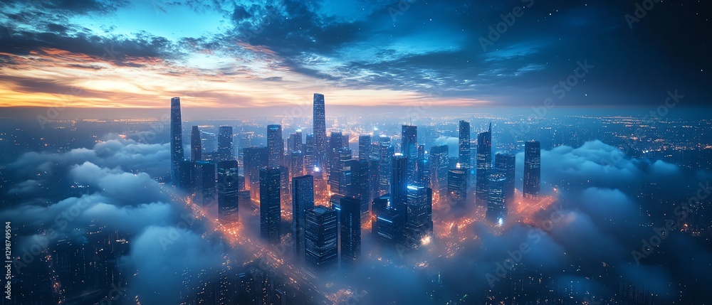 Fototapeta premium Smart city skyline floating above the clouds with glowing