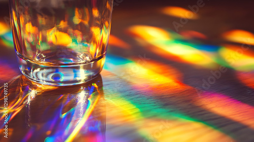 Wallpaper Mural light refracted through a clear glass cup, creating rainbow-like patterns on a table  Torontodigital.ca