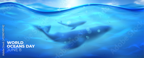 World Oceans Day concept. Underwater scene with water surface level and silhouettes of humpback whales. Vector illustration for World Oceans Day events. Ecology and environmental protection concept.
