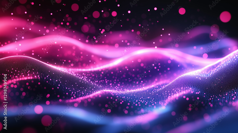 Fototapeta premium 3d render of abstract futuristic background with glowing medium particles and big dots waves, gradient colorful flowing landscape with night sky