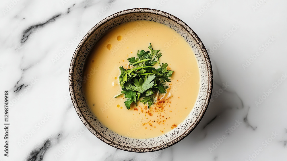 Creamy soup topped with fresh herbs and spices in bowl Creamy soup topped with fresh herbs and spices in bowl