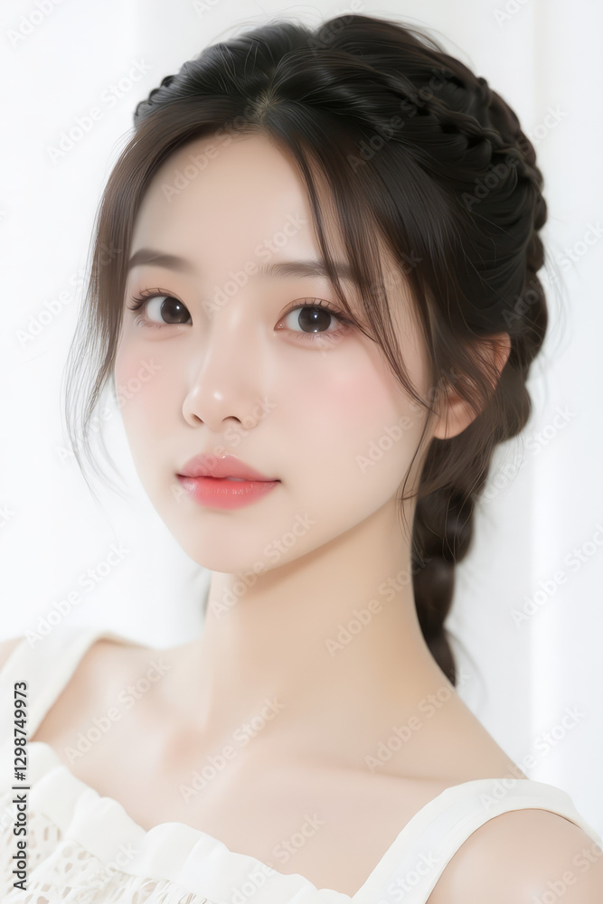 Female Asian Model with Braided Hair - Young Beautiful Woman with a Braid - Studio Portrait of Asian Beauty for Fashion, Cosmetic, Skincare - Posing on White Background - Smooth Tied Hair Female Asian Model with Braided Hair - Young Beautiful Woman with a Braid - Studio Portrait of Asian Beauty for Fashion, Cosmetic, Skincare - Posing on White Background - Smooth Tied Hair