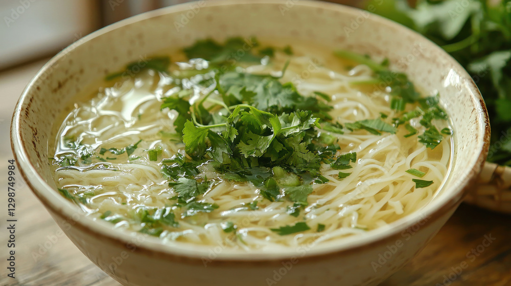 delicious bowl of noodle soup garnished with fresh herbs and greens delicious bowl of noodle soup garnished with fresh herbs and greens