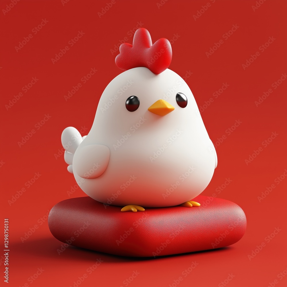 Cute stylized chicken figurine Round body and simple features sitting on a red pillow Digital art minimalist design Cute stylized chicken figurine Round body and simple features sitting on a red pillow Digital art minimalist design