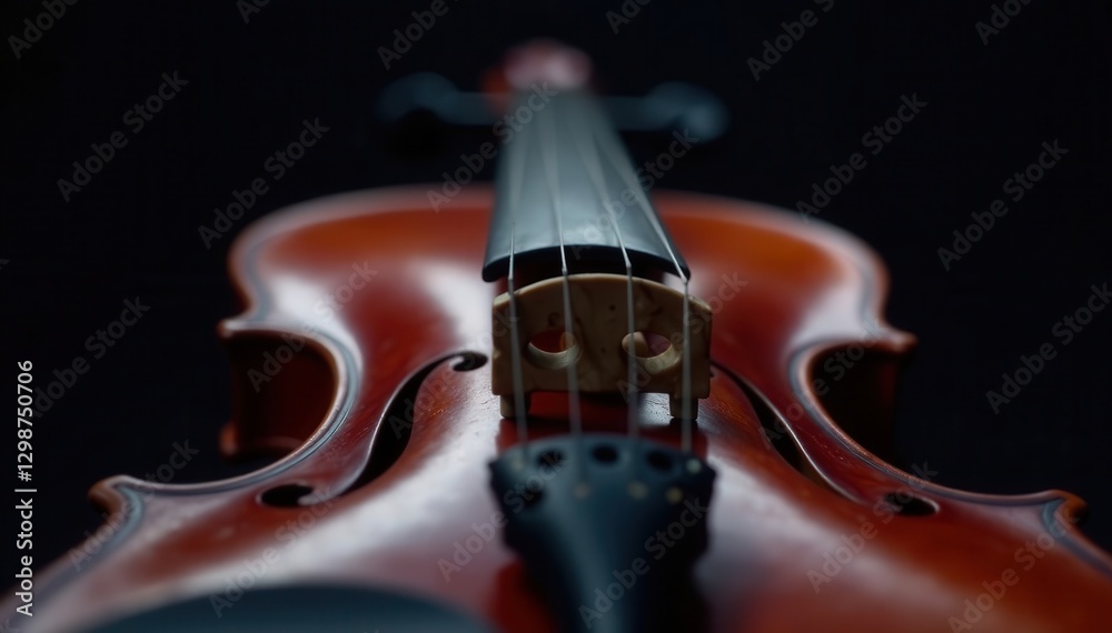 Fototapeta premium Close-up of dark violin, strings in focus, black backdrop , dark aesthetic, glossy