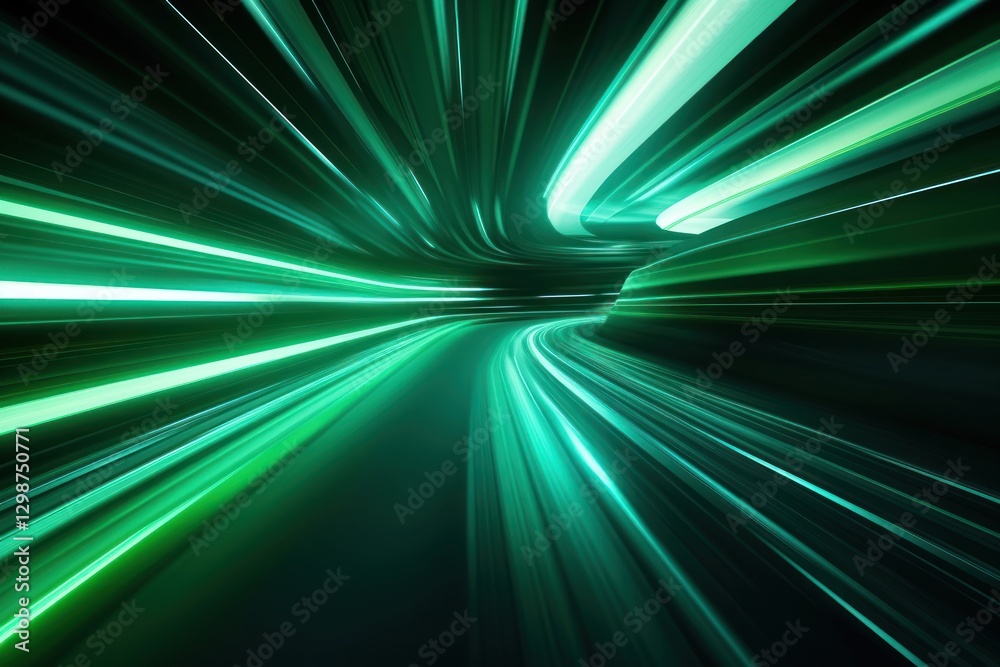 Fototapeta premium Speeding motion blurred green tunnel light.