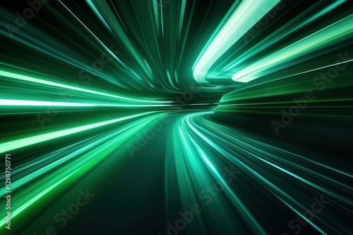 Speeding motion blurred green tunnel light.
