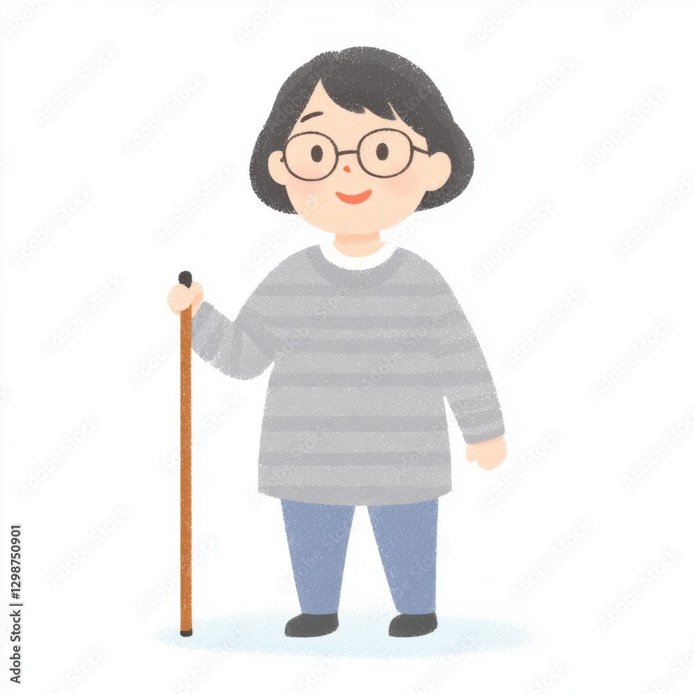 A cheerful cartoon elderly woman with glasses, holding a cane, dressed in a striped sweater and blue pants, standing against a simple background. A cheerful cartoon elderly woman with glasses, holding a cane, dressed in a striped sweater and blue pants, standing against a simple background.