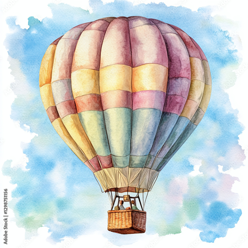 Obraz premium Watercolor Hot Air Balloon – A Dreamy and Colorful Flight in the Sky. Watercolor illustration. Hot Air Balloon art, travel illustration 