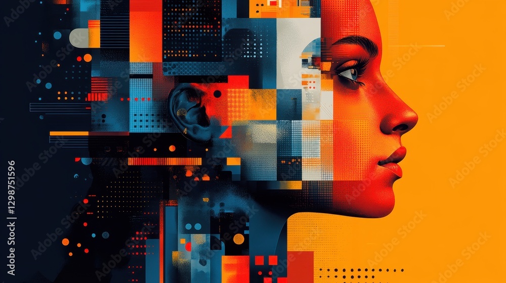 Digital Art Depiction of a Human Profile with Abstract Geometric Patterns in Vibrant Orange and Blue Tones Showcasing Modern Graphic Design Concepts Digital Art Depiction of a Human Profile with Abstract Geometric Patterns in Vibrant Orange and Blue Tones Showcasing Modern Graphic Design Concepts