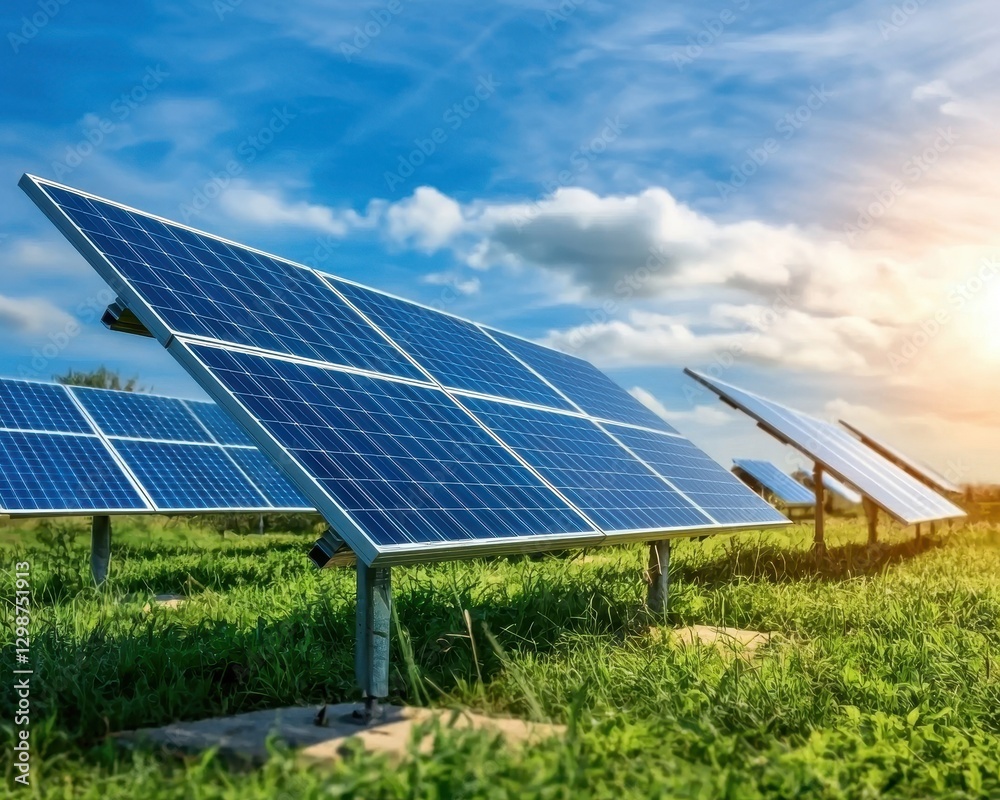 Solar Panels in Green Field Under Bright Blue Sky and Sunshine Solar Panels in Green Field Under Bright Blue Sky and Sunshine