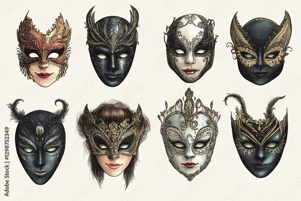 Naklejka premium Mardi Gras Carnival – Colorful Masks, Costumes, and Festive Celebration Full of Joy and Tradition