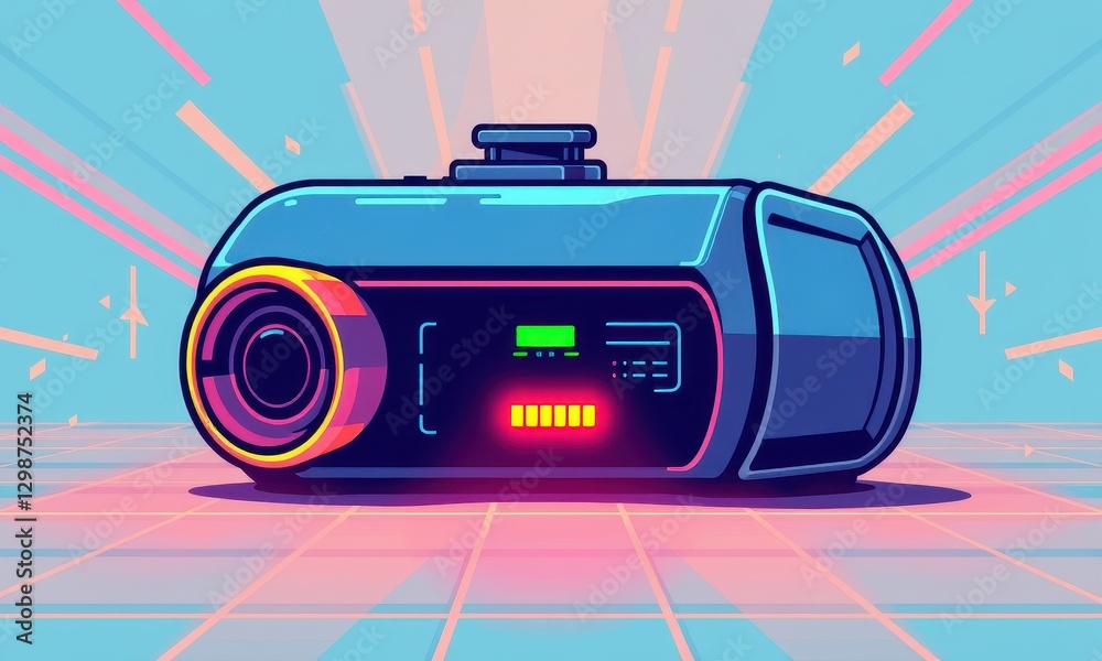 Fototapeta premium Brightly Colored Futuristic Tech Gadget with Neon Lights and Digital Display on a Geometric Background in a Vibrant Illustration