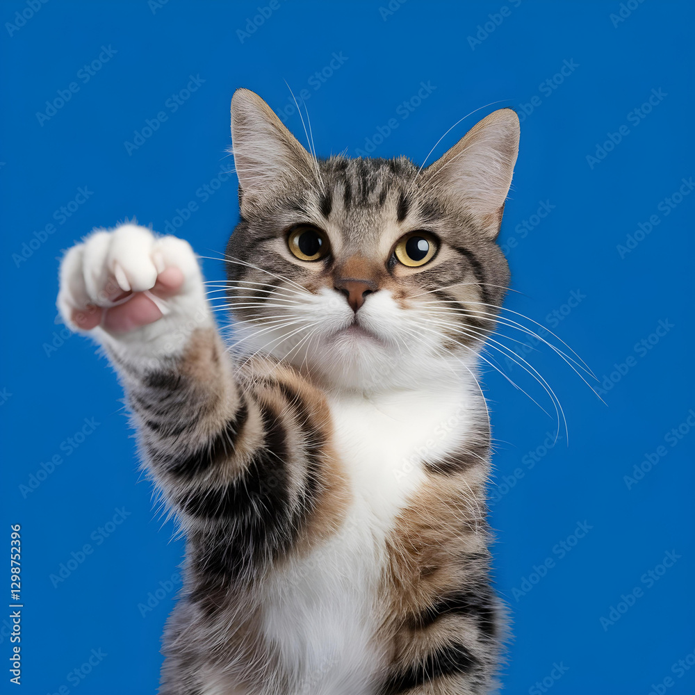 Studio shot of a gray and white striped cat sitting on a blue background, showcasing its natural beauty in a minimalistic and clean composition